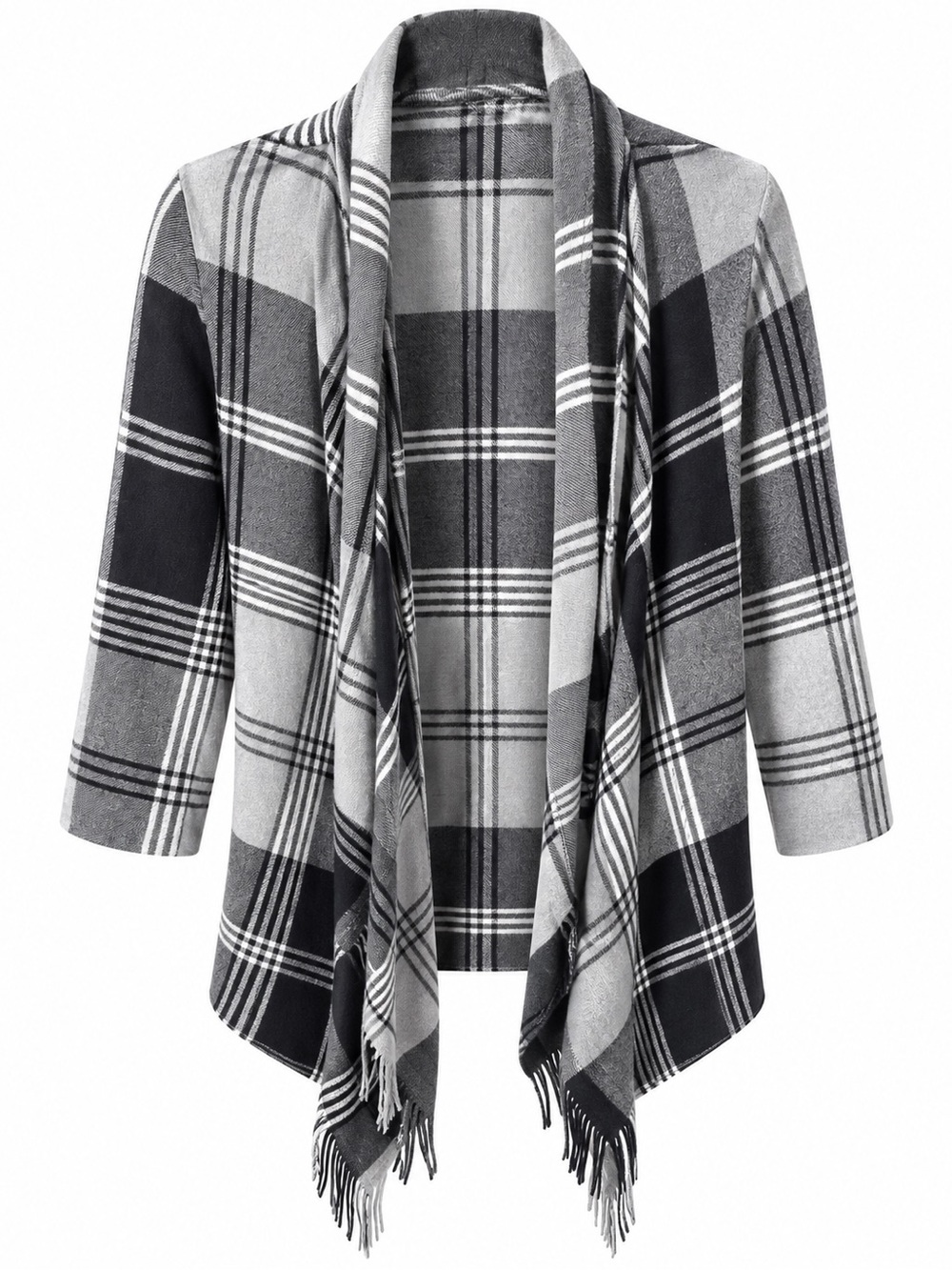 Maurices Gray Black Plaid Waterfall Cardigan Fringe Wrap M